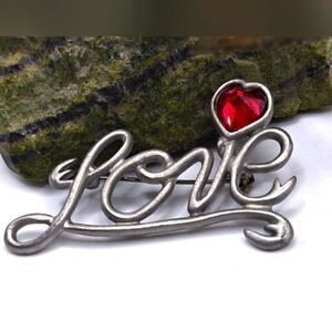 "5/$25" Vintage Pewter Red Rhinestone Retro Script "Love" Brooch Pin